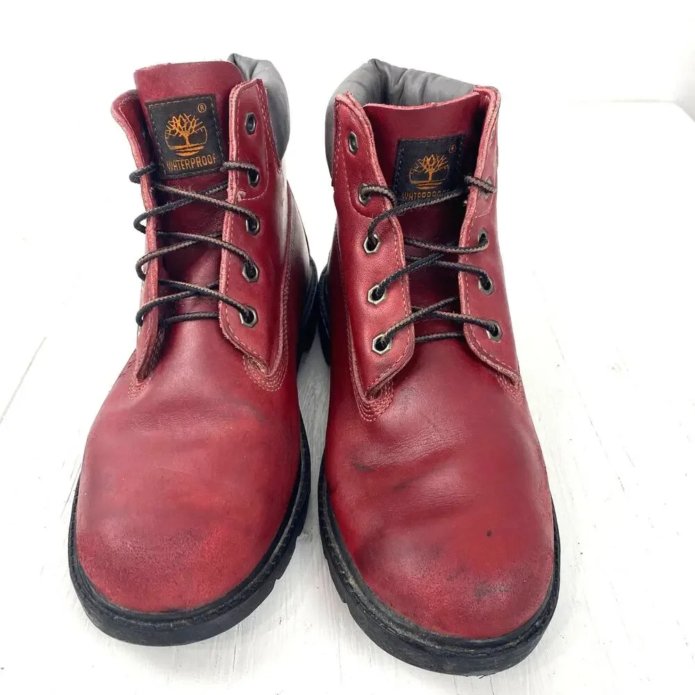 Timberland Lace Up Boots Red Hiking Waterproof Men's 6, Women's 8